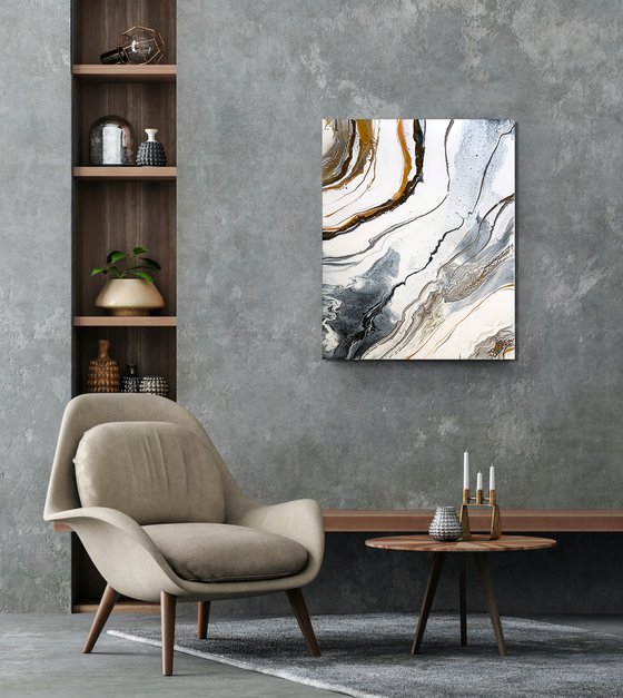 Fire and water waves. Gold White Abstract painting.