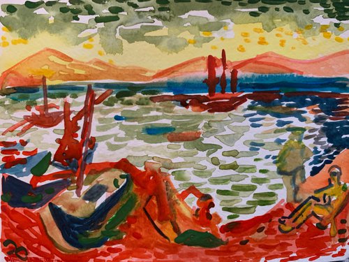 “Boats in the port of Collioure” quality natural wooden glazed framed miniature painting Homage to Andre Derain by Hanna Bell