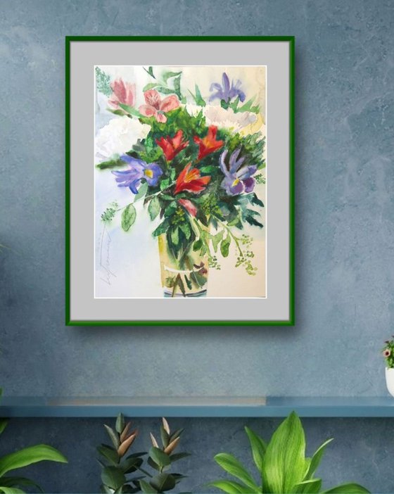 Blue White Red Flowers Watercolor Painting Loose Bunch of Florals