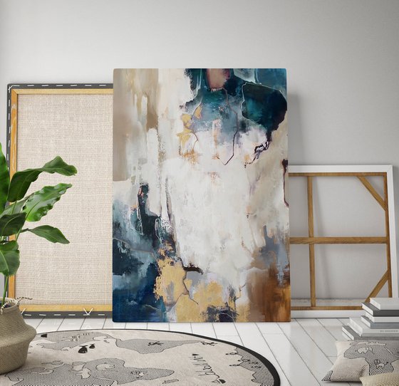 "Breeze" Abstract teal gold gray acrylic art