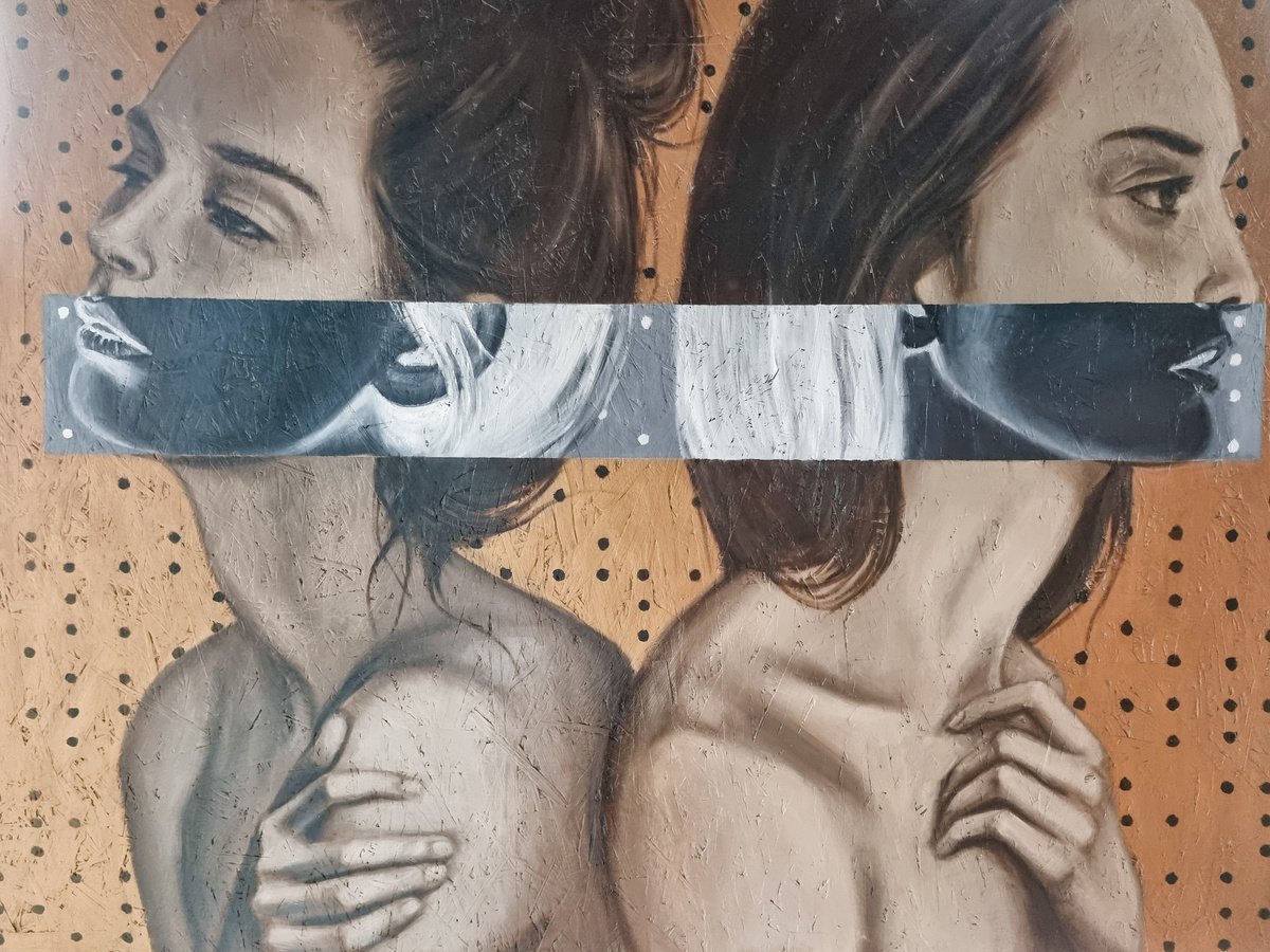 Expressive Portrait Oil Painting By Artmoods Tp, 47 X 35, Close Against, Original Artwork