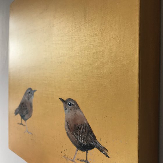How About It? Two Little Wrens on Gold