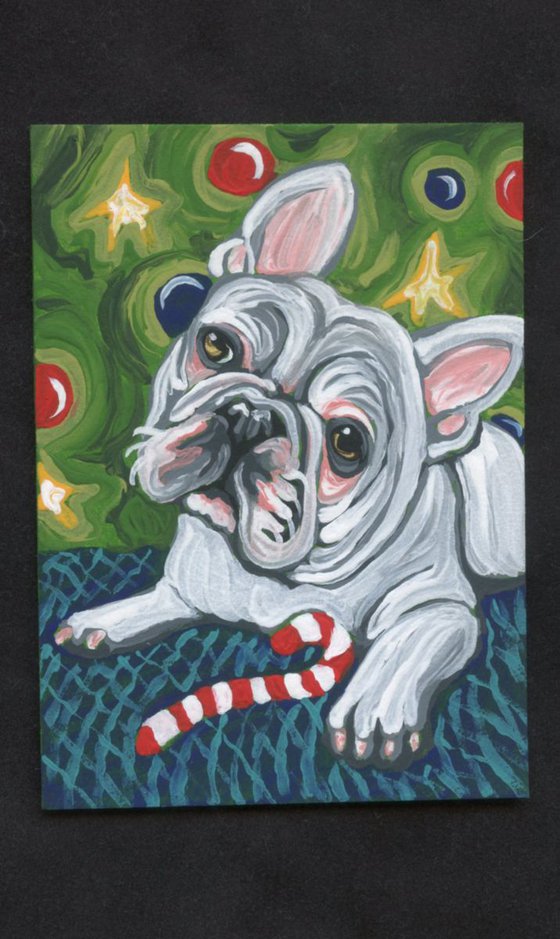 ACEO ATC Original Painting Christmas Candy Cane French Bulldog Pet Dog Art-Carla Smale