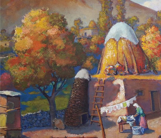 Rural courtyard (80x100cm, oil painting, ready to hang)