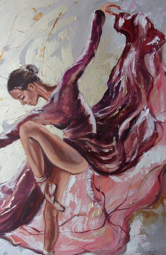 " PURPLE DANCE ... "- ballerina liGHt ballet ORIGINAL OIL PAINTING, GIFT, PALETTE KNIFE