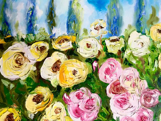 WHITE PINK YELLOW  ROSES landscape with  cypress trees palette  knife modern still life  flowers office home decor gift