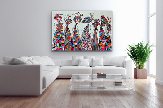 78''x 50''(200x125cm), Friends 45, blue, pink, red, orange, green black, land earth colors canvas art  - xxxl art - abstract art painting- extra large art