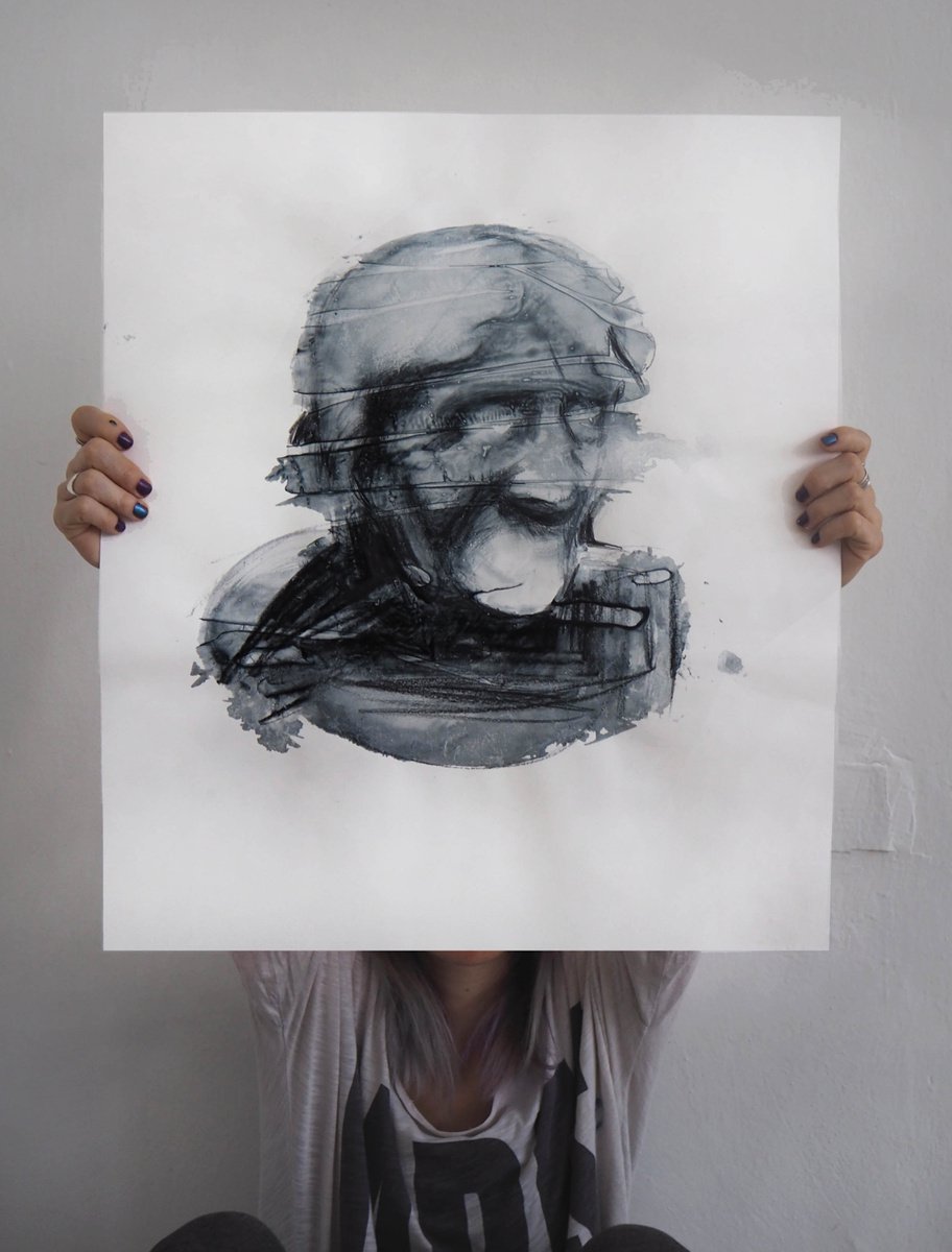 Expressive Portrait Drawing By Cynthia Gregorova, 19 X 21, Untitled 16 (It´s Just In The Head), Original Artwork