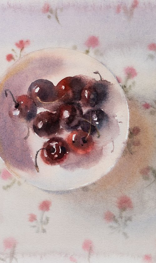 Still life with cherries Original watercolor painting by Ekaterina Pytina