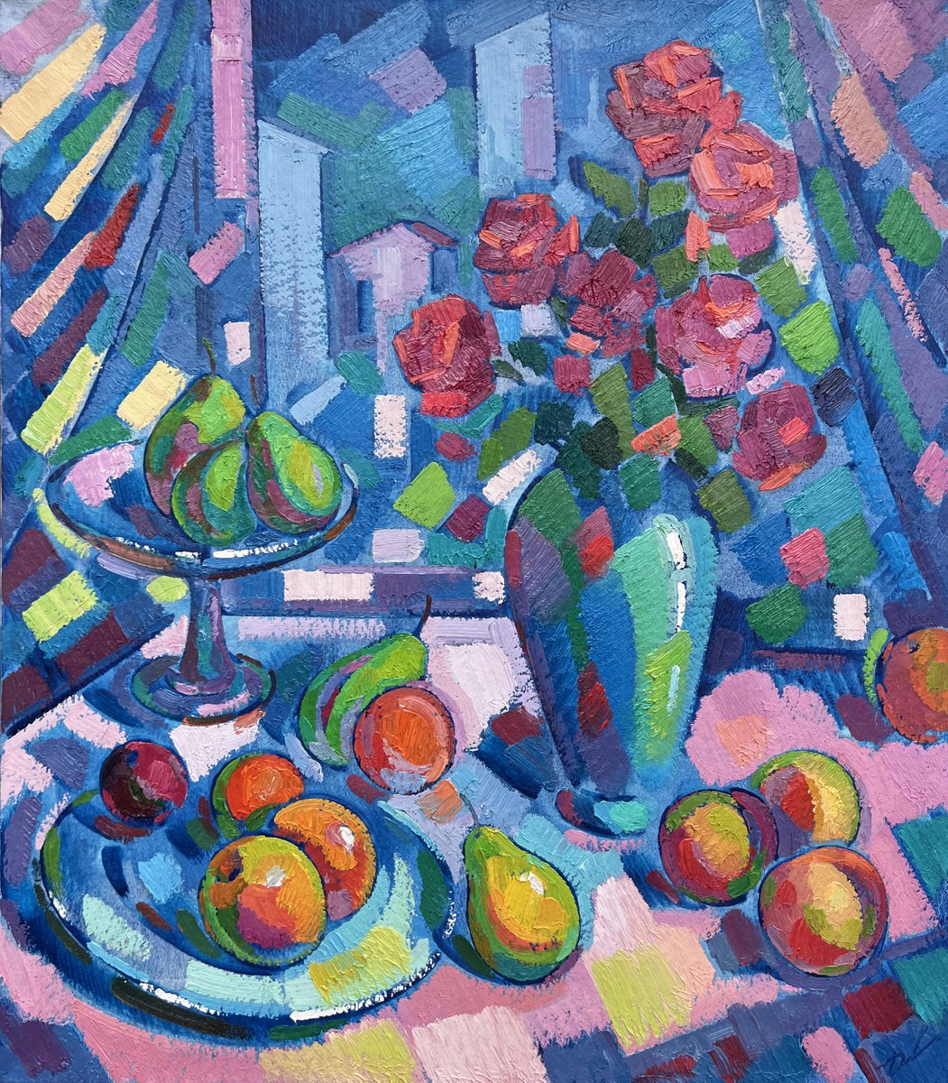Impressionistic Abstract Oil Painting By Peter Tovpev, 35 X 31", Summer Still Life, Original Artwork