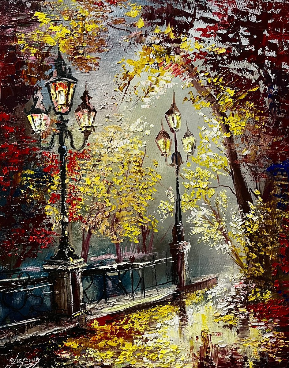 Impressionistic Cityscapes Oil Painting By Vahe Bagumyan, 16 X 20", Romantic City Park, Original Artwork