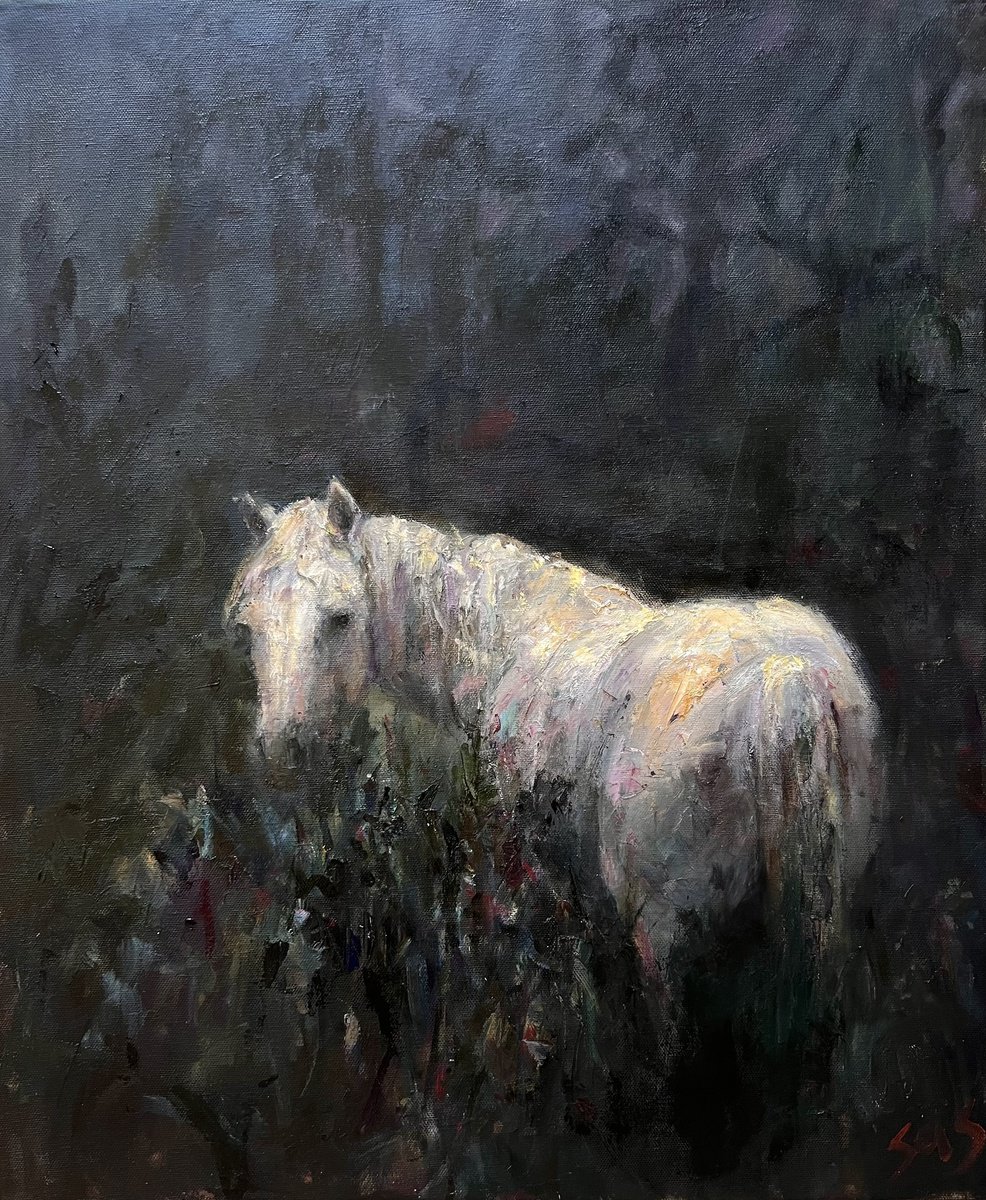 Expressive Animal Oil Painting By Liubou Sas, 20 X 24", White Horse, Original Artwork