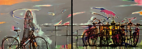 Big painting - "Amsterdam" - Girl - Bikes - Bicycle - Diptych - Pop Art - Urban