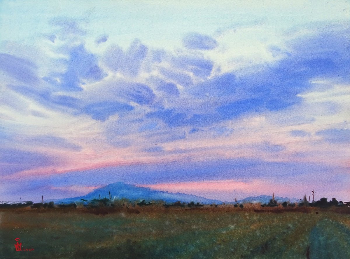Impressionistic Landscape Watercolour By Maksym Kisilov, 19 X 14", "Sunset In Transcarpathia", Original Artwork