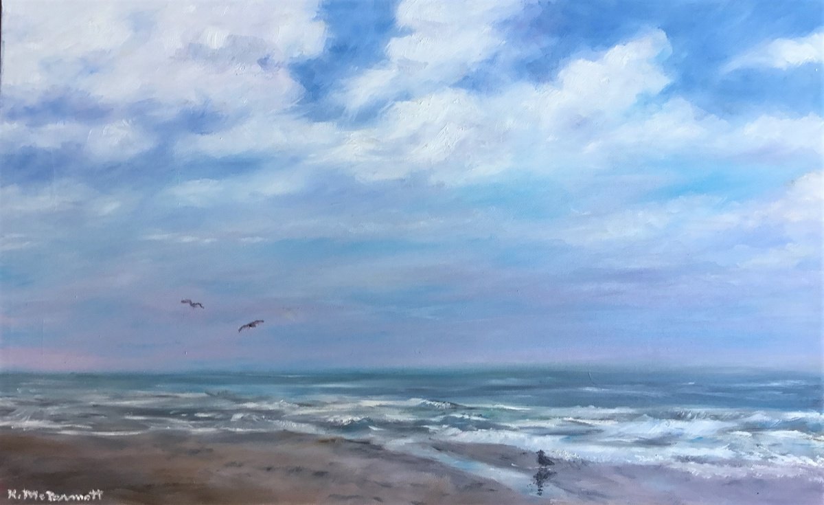 Photorealistic Landscape Oil Painting By Kathleen Mcdermott, 21 X 13", Beach In The Afternoon, Original Artwork