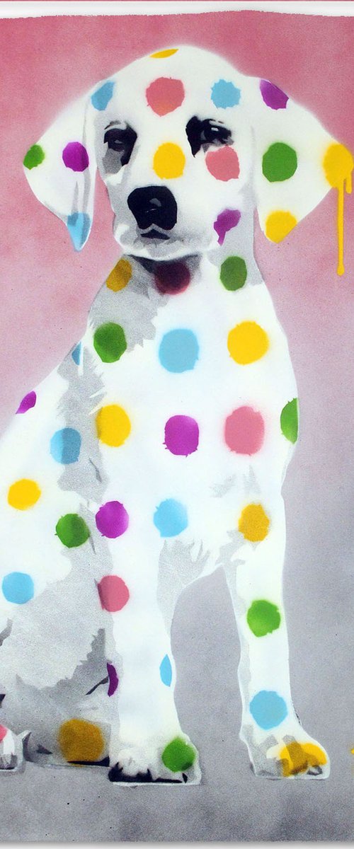 Damien's dotty, spotty, puppy dawg (pink on gorgeous watercolour paper). by Juan Sly