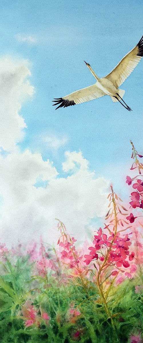 Flying Crane Bird -  watercolo by Olga Beliaeva Watercolour