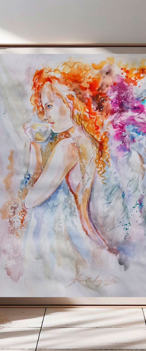 Red-haired woman watercolor on paper by Annet Loginova
