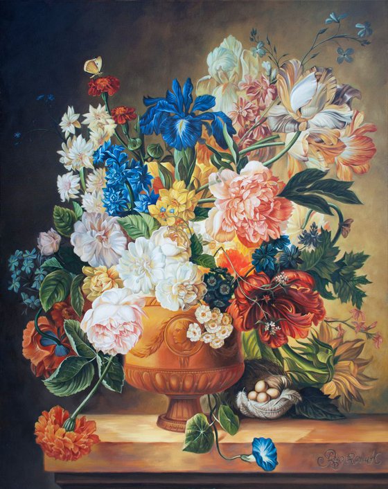 Dutch Still life Oil painting Large flowers painting Hi tech or Scandinavian decor Gift