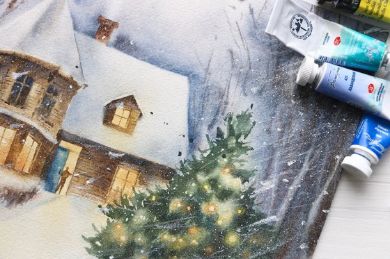 Waiting for guests. Cozy cottage with a decorated Christmas tree in the yard. Watercolor artwork.