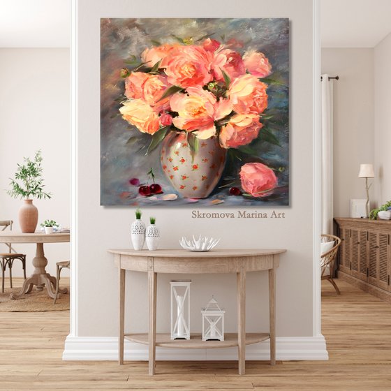 RESH BOUQUET OF DELICATE PEONIES - Modern still life. Colorful peonies. Magic flowers. Beautiful bouquet. Petals. Abstraction. Dreams.