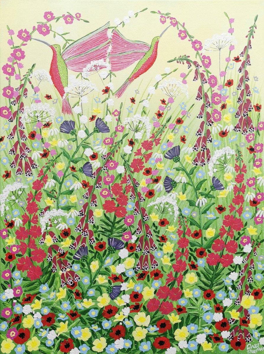 Abstract Botanical Acrylic Painting By Elisa Trueman, 18 X 24, Hummingbird Heartbeat, Original Artwork