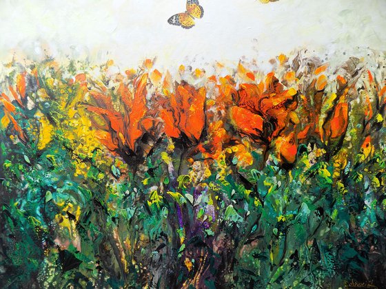 Red flowers and butterflies
