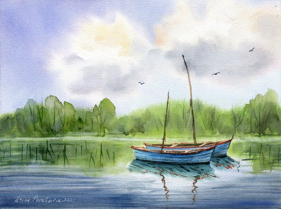 Under the clouds original watercolor medium size with two boats in the river, decor for living room