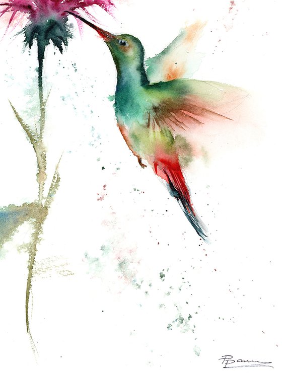 Hummingbird and Flower - watercolor painting