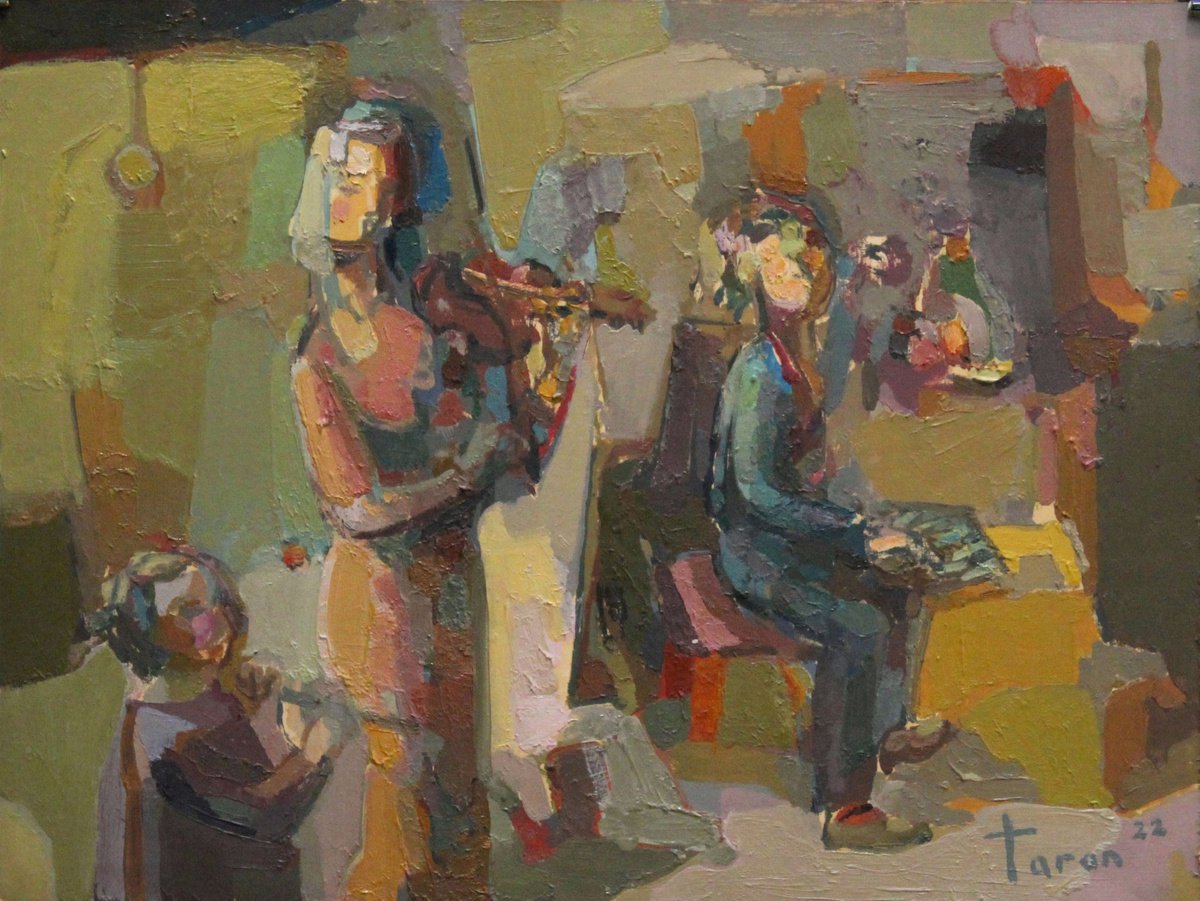 Abstract Oil Painting By Taron Khachatryan, 13 X 10", Musicians, Original Artwork