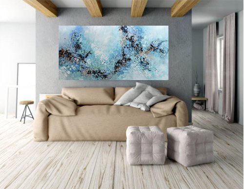 Morning Mist 24"x48" - Large Blue Acrylic  Abstract Painting by Olga Tkachyk