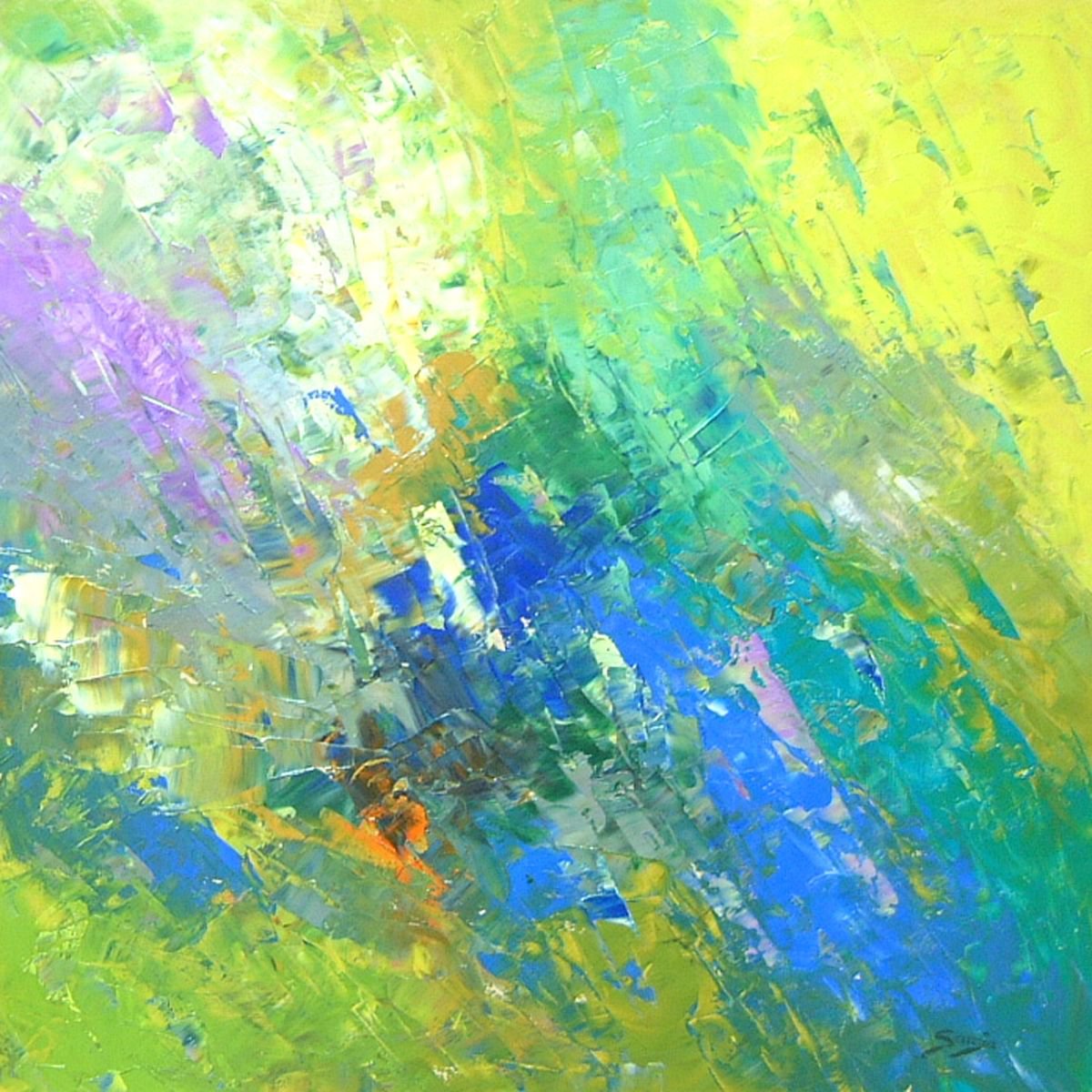 Abstract Landscape Oil Painting By Saroja Van Der Stegen, 17 X 17", Rain-Dance 3 (Ref#:1119-40Q), Original Artwork