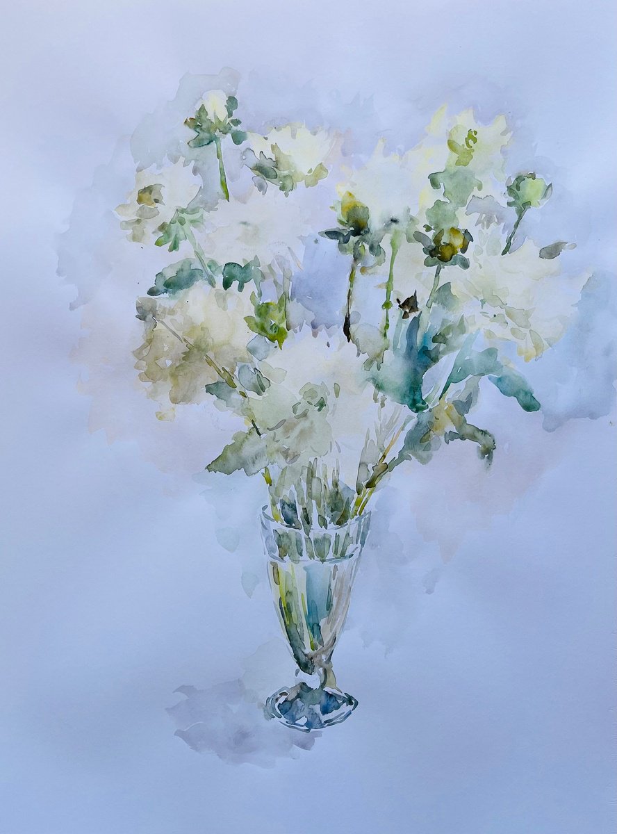 Impressionistic Watercolour , White Dahlias 19,7X25,6 In By Elena Klyan, 20 X 26, Artwork For Sale On Artfinder