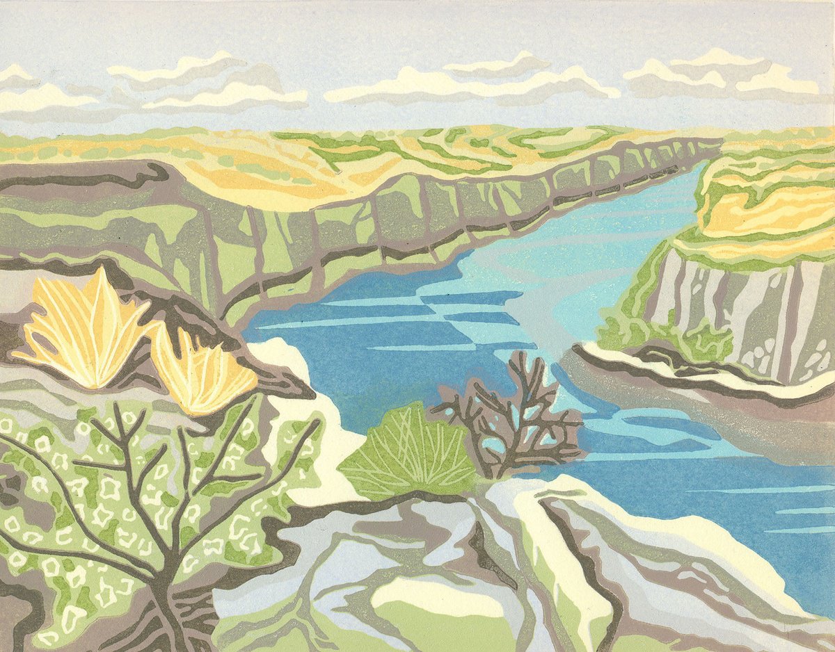 Landscape Linocut By Kate Goetz, 13 X 11", Deep Blue Heart Of Texas, Original Artwork