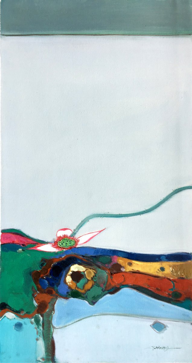 Impressionistic Botanical Oil Painting By Kunlong Wang, 16 X 31", Lotus Floral K021, Original Artwork