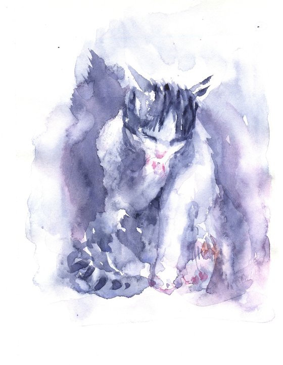 Cat Grooming itself-watercolors on paper 5.8"x 8.25"