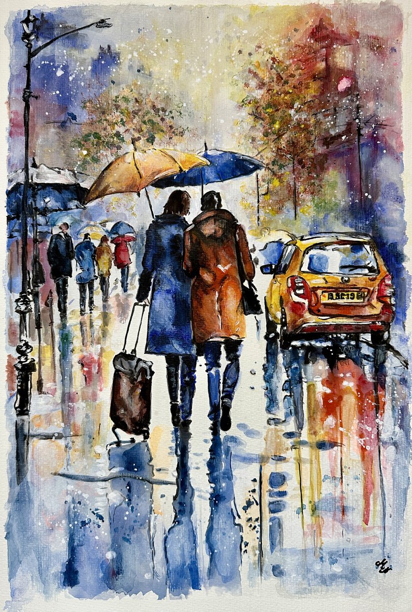 Impressionistic Cityscapes Watercolour By Misty Lady - M. Nierobisz, 13 X 19", City In The Fog, Original Artwork