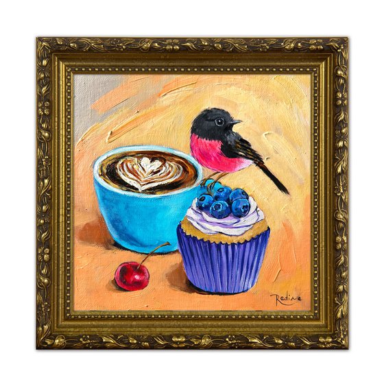 Pink Robin, cappuccino and blueberry cupcake – framed original