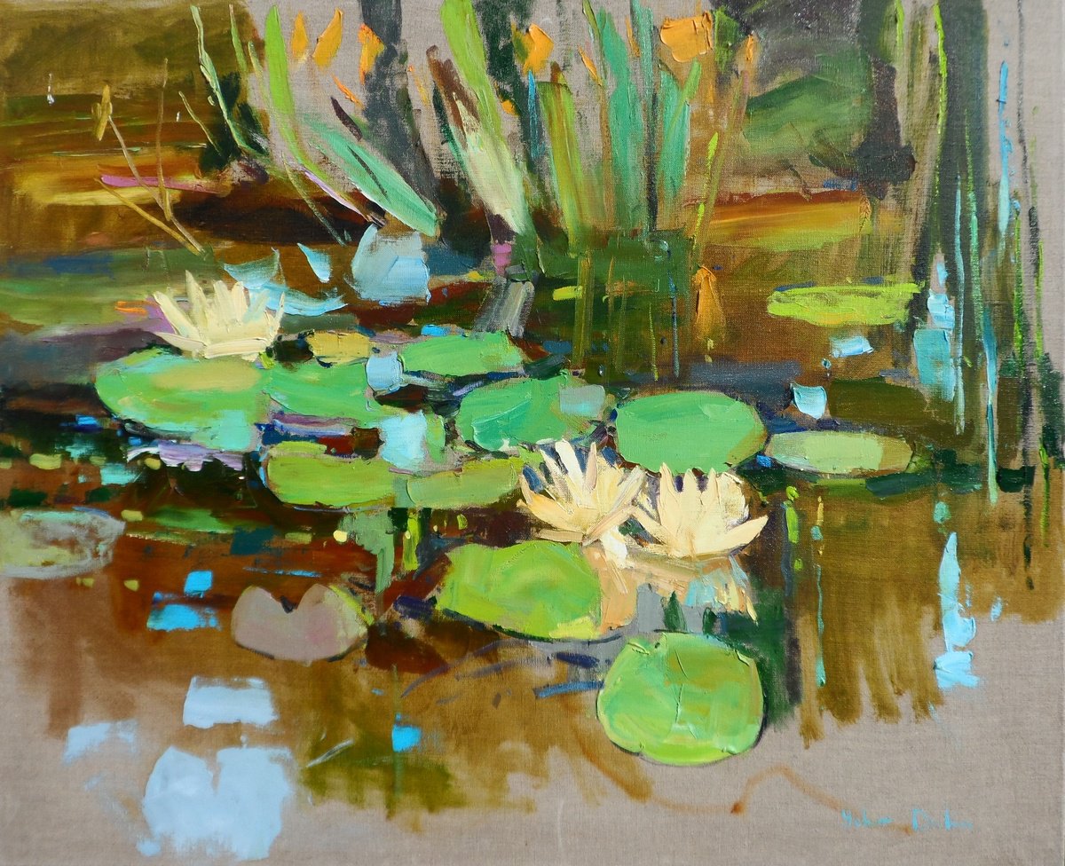 Impressionistic Landscape Oil Painting By Yehor Dulin, 33 X 28", "Water Lilies ", Original Artwork