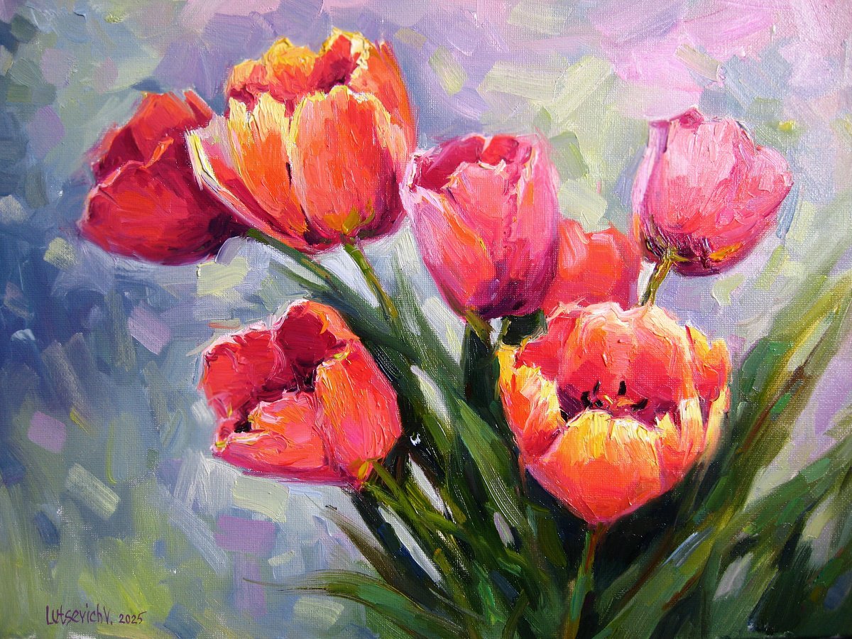 Impressionistic Botanical Oil Painting By Vladimir Lutsevich, 16 X 12", Bouquet Of Tulips, Original Artwork