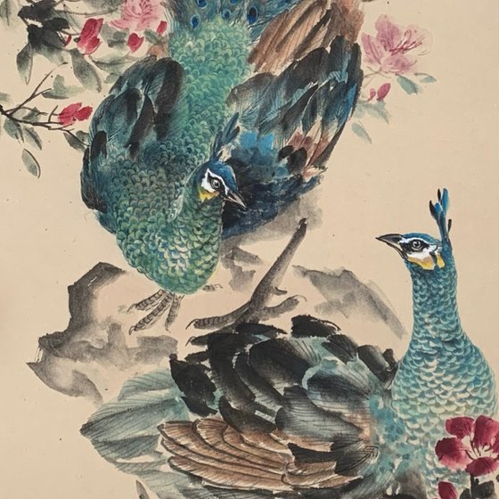 Feathers of Jade, Peafowl Original Brush Painting