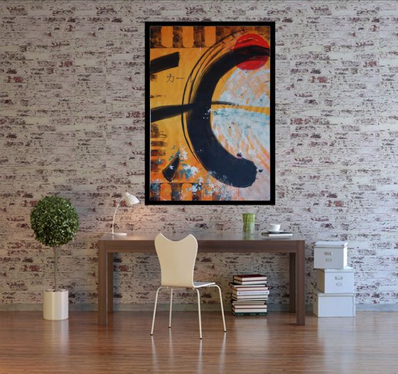 Enso orange abstrat painting 110×160 cm acrylic on unstretched canvas art J067 original artwork in japanese style