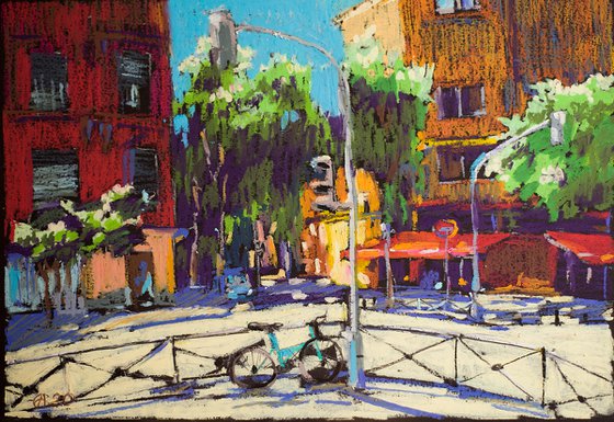 Madrid Street. Sunny day. Bright oil pastel painting. original small city interior decor sunlight etude romantic