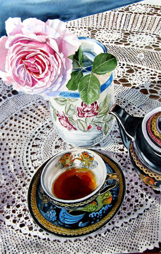 Still life with rose and tea set