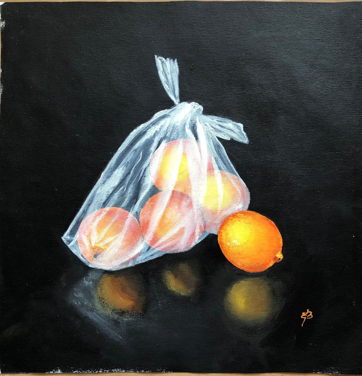Photorealistic Still Life Acrylic Painting By Lena Smirnova, 16 X 16", Oranges In Plastic Bag, Original Artwork