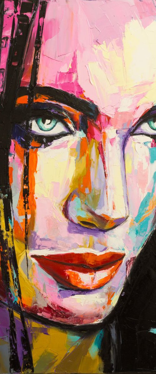 "Intention", a fantasy woman palette knife portrait from "colorful emotions" collection by Lana Frey