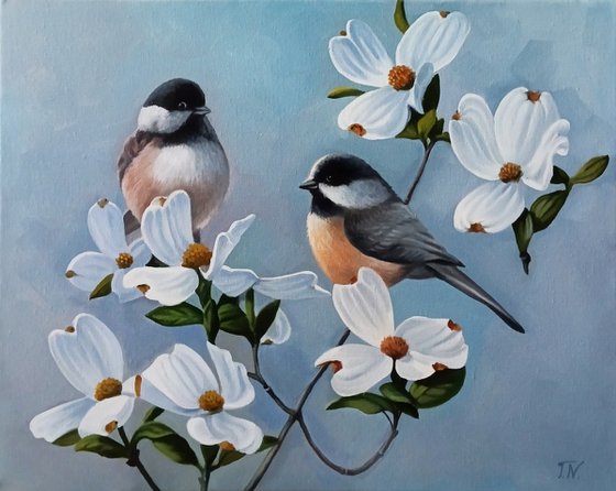 Bird Pair with White Flowers
