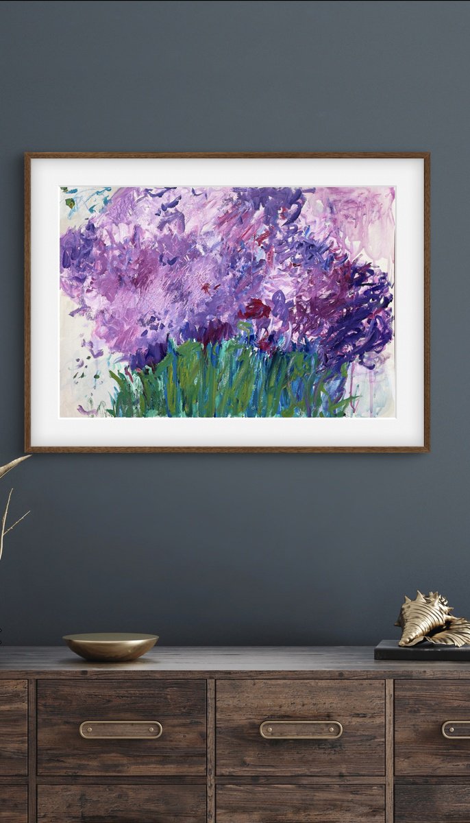 Expressive Abstract Acrylic Painting By Maiia Axton, 23 X 16", Vibrant Violet Meadow, Original Artwork