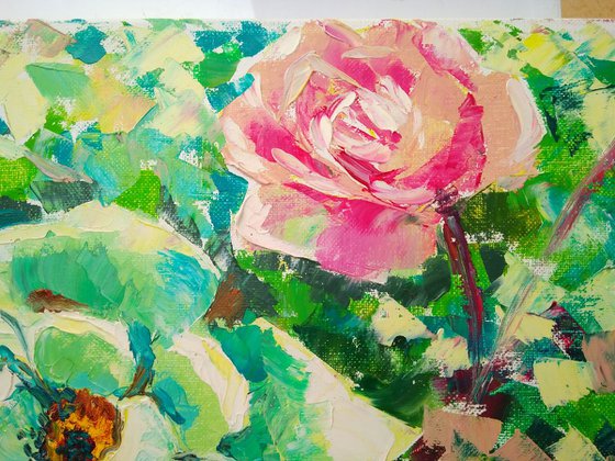 White rose hip, Wild Rose Painting Flower Original Art Abstract Floral Artwork 50x35 cm, ready to hang.