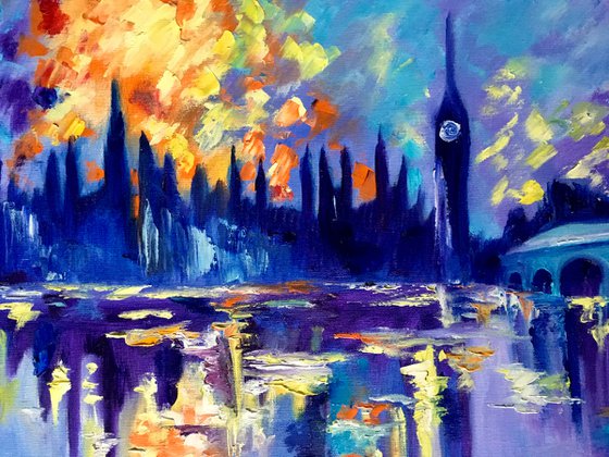 Sunset in London. House of Parliament. LARGE OIL PAINTING